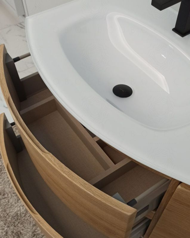Mobile bagno sospeso curvo 105 cm rovere naturale con lavabo in Mobile bagno sospeso curvo 105 cm rovere naturale con lavabo in