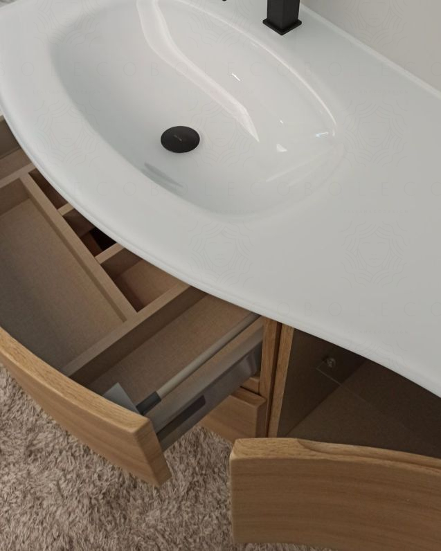Mobile bagno sospeso curvo 105 cm rovere naturale con lavabo in Mobile bagno sospeso curvo 105 cm rovere naturale con lavabo in