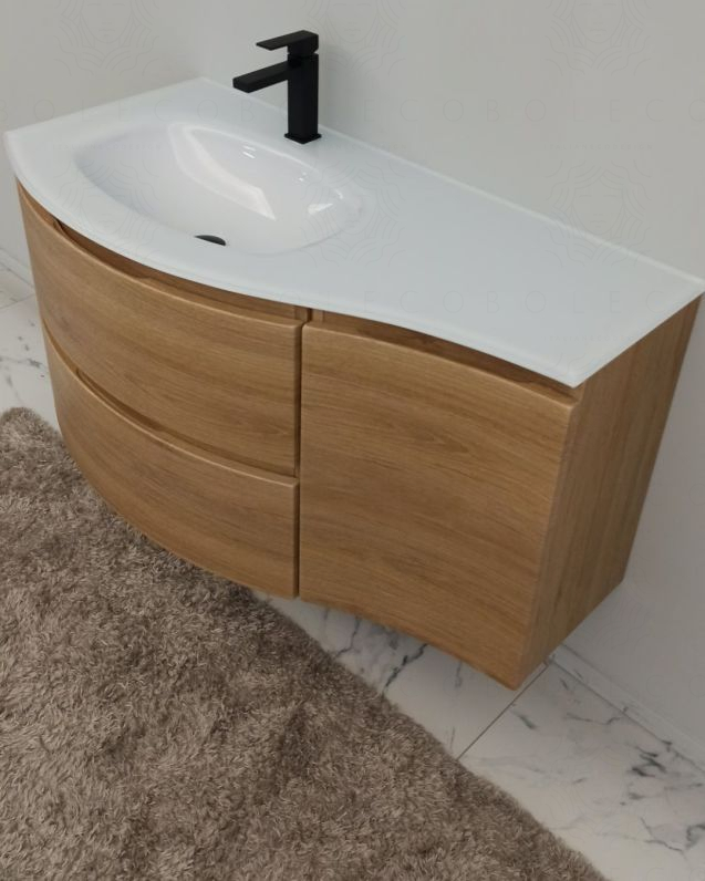 Mobile bagno sospeso curvo 105 cm rovere naturale con lavabo in Mobile bagno sospeso curvo 105 cm rovere naturale con lavabo in