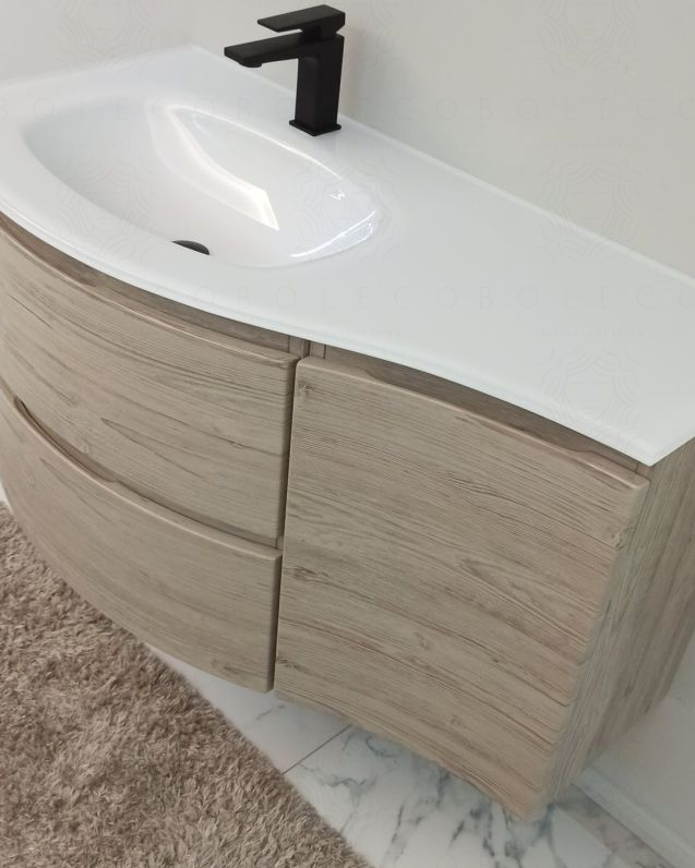 Mobile bagno sospeso curvo 105 cm rovere grigio con lavabo in Mobile bagno sospeso curvo 105 cm rovere grigio con lavabo in