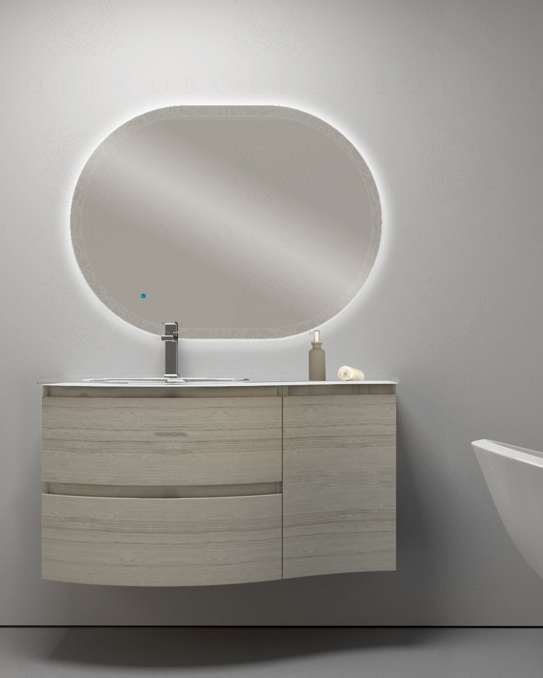 Mobile bagno sospeso curvo 105 cm rovere grigio con lavabo in Mobile bagno sospeso curvo 105 cm rovere grigio con lavabo in