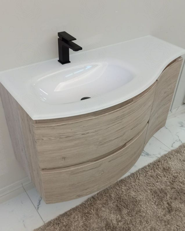 Mobile bagno sospeso curvo 105 cm rovere grigio con lavabo in Mobile bagno sospeso curvo 105 cm rovere grigio con lavabo in