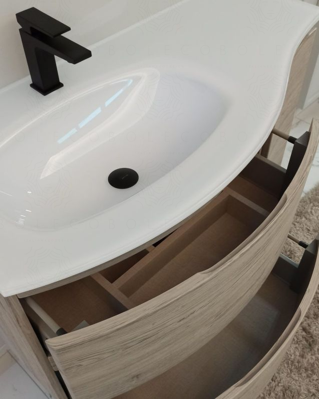 Mobile bagno sospeso curvo 105 cm rovere grigio con lavabo in Mobile bagno sospeso curvo 105 cm rovere grigio con lavabo in