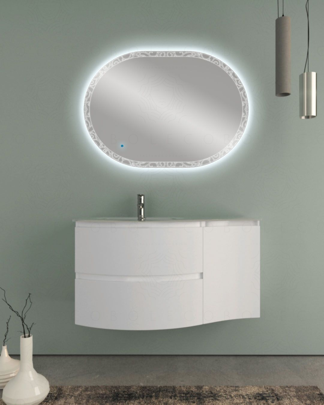 Mobile bagno sospeso curvo 105 cm bianco opaco con lavabo in Mobile bagno sospeso curvo 105 cm bianco opaco con lavabo in