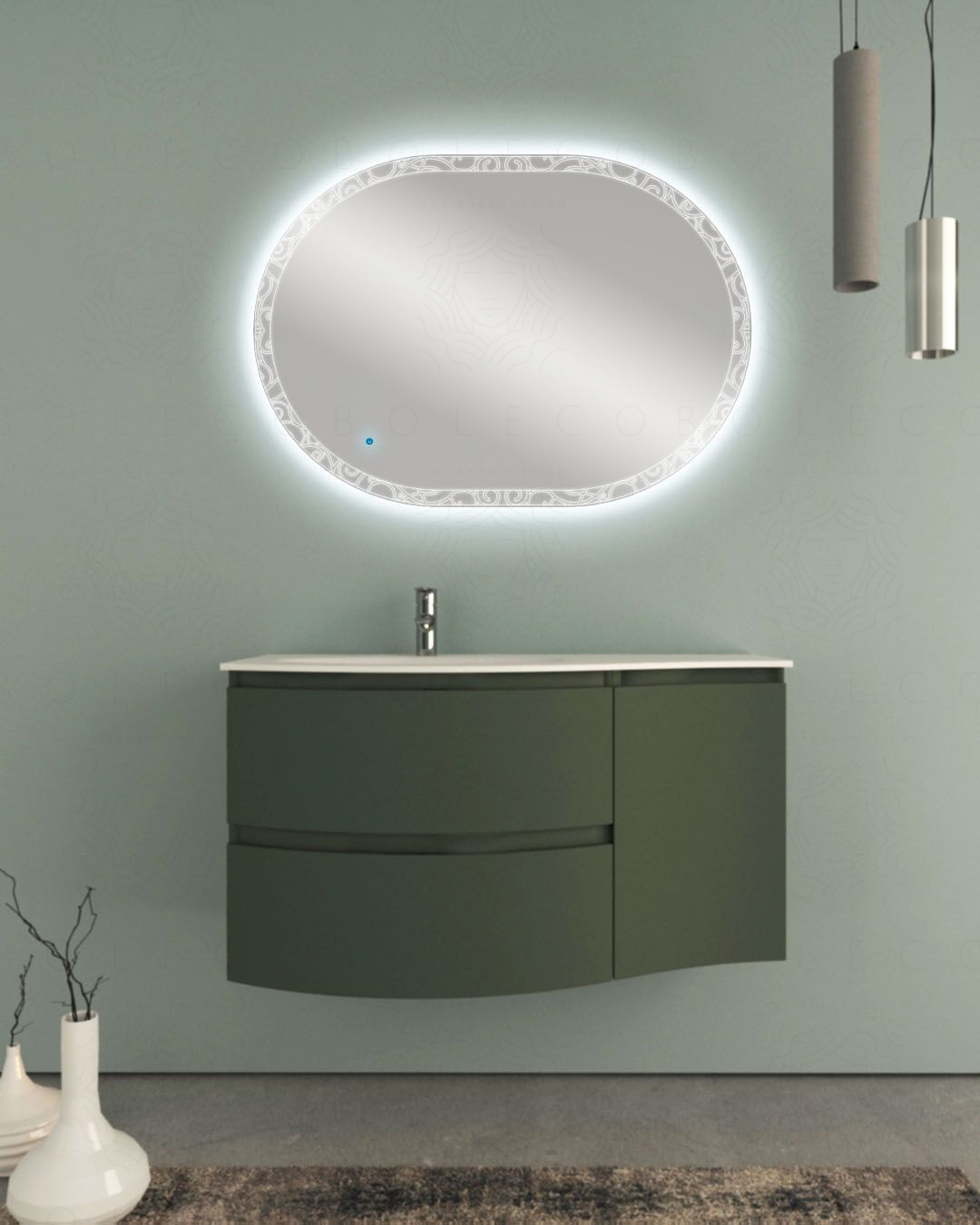 Mobile bagno sospeso curvo 105 cm verde opaco con lavabo in Mobile bagno sospeso curvo 105 cm verde opaco con lavabo in