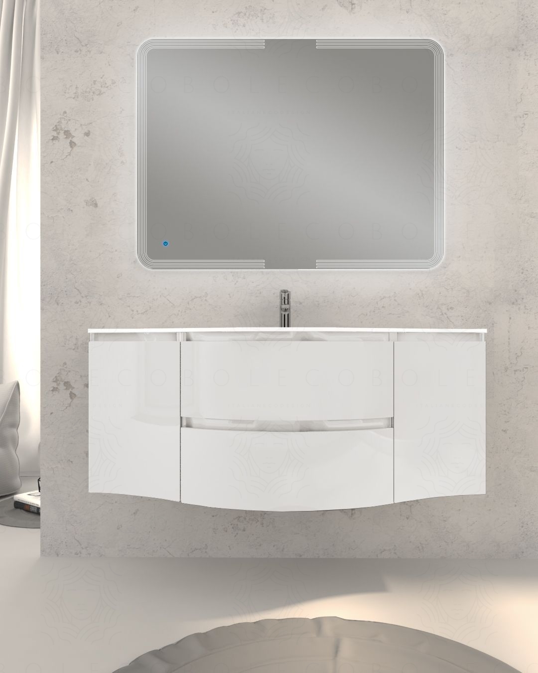 Mobile bagno sospeso curvo 140 cm con lavabo in vetro – Greta Mobile bagno sospeso curvo 140 cm con lavabo in vetro – Greta