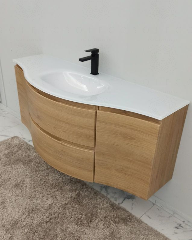 Mobile bagno sospeso curvo 140 cm rovere naturale con lavabo in Mobile bagno sospeso curvo 140 cm rovere naturale con lavabo in