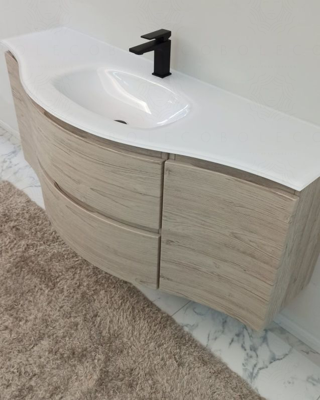 Mobile bagno sospeso curvo 140 cm rovere grigio con lavabo in Mobile bagno sospeso curvo 140 cm rovere grigio con lavabo in