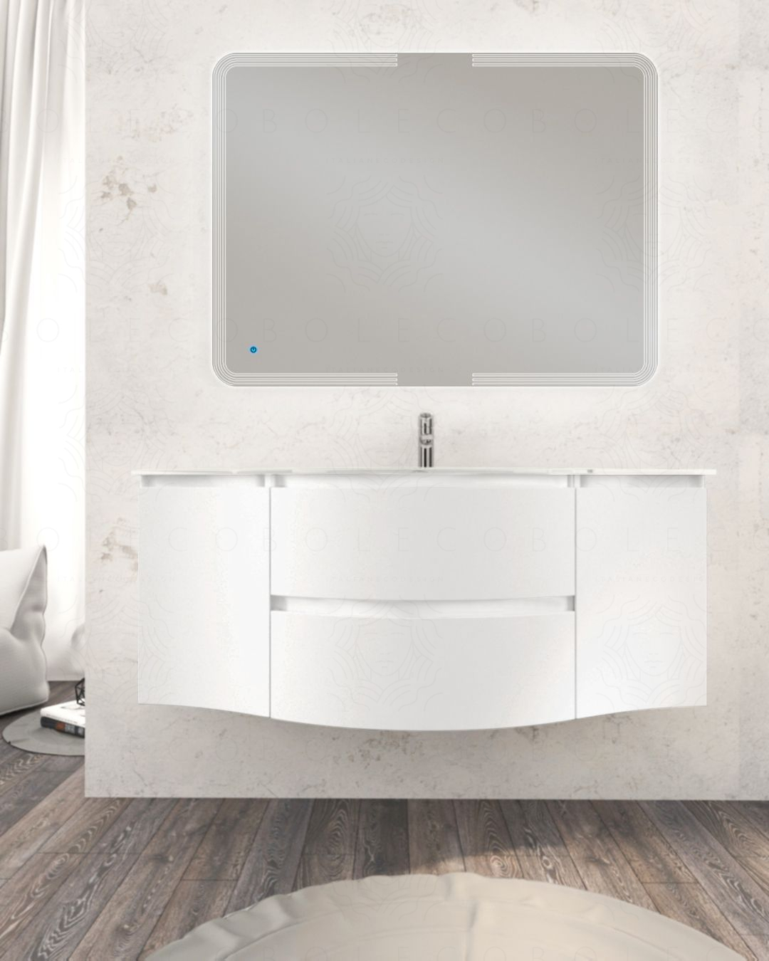 Mobile bagno sospeso curvo 140 cm bianco opaco con lavabo in Mobile bagno sospeso curvo 140 cm bianco opaco con lavabo in