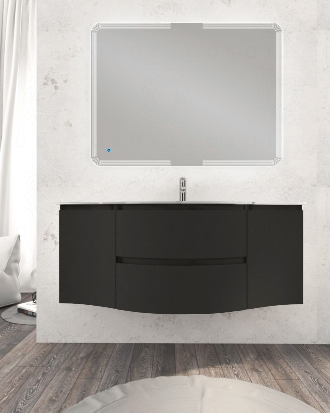 Mobile bagno sospeso curvo 140 cm lavagna con lavabo in vetro – Mobile bagno sospeso curvo 140 cm lavagna con lavabo in vetro –