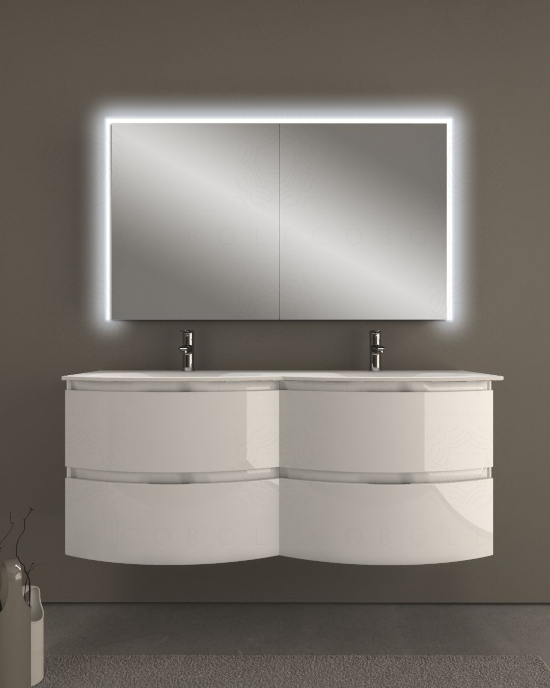 Mobile bagno curvo sospeso Greta cm 140 con doppio lavabo Mobile bagno curvo sospeso Greta cm 140 con doppio lavabo
