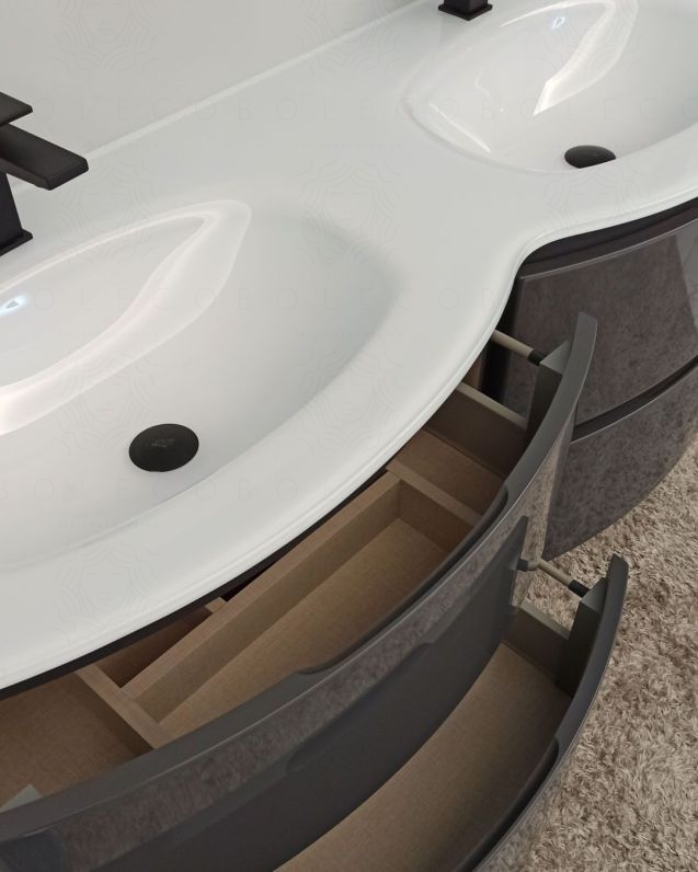 Mobile bagno curvo sospeso Greta cm 140 antracite lucido e Mobile bagno curvo sospeso Greta cm 140 antracite lucido e