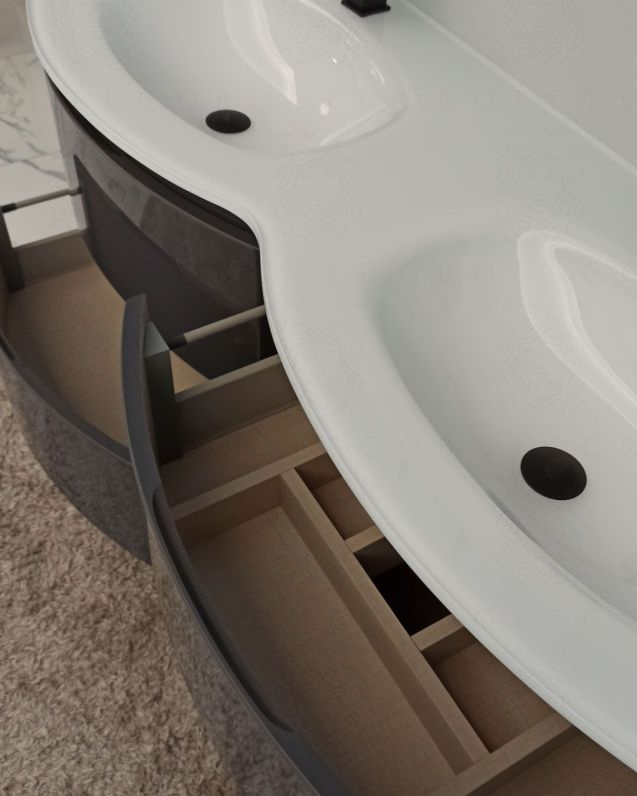 Mobile bagno curvo sospeso Greta cm 140 antracite lucido e Mobile bagno curvo sospeso Greta cm 140 antracite lucido e