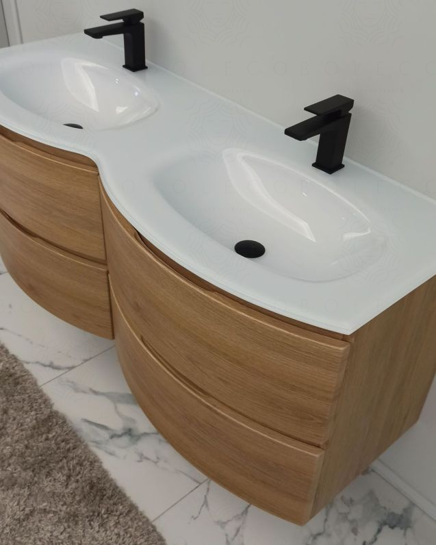 Mobile bagno curvo sospeso Greta cm 140 rovere naturale e Mobile bagno curvo sospeso Greta cm 140 rovere naturale e
