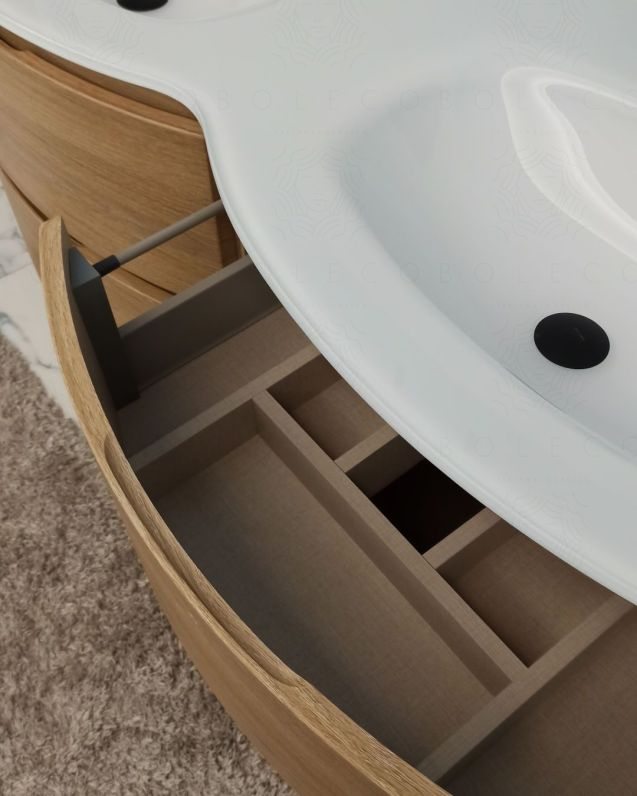Mobile bagno curvo sospeso Greta cm 140 rovere naturale e Mobile bagno curvo sospeso Greta cm 140 rovere naturale e