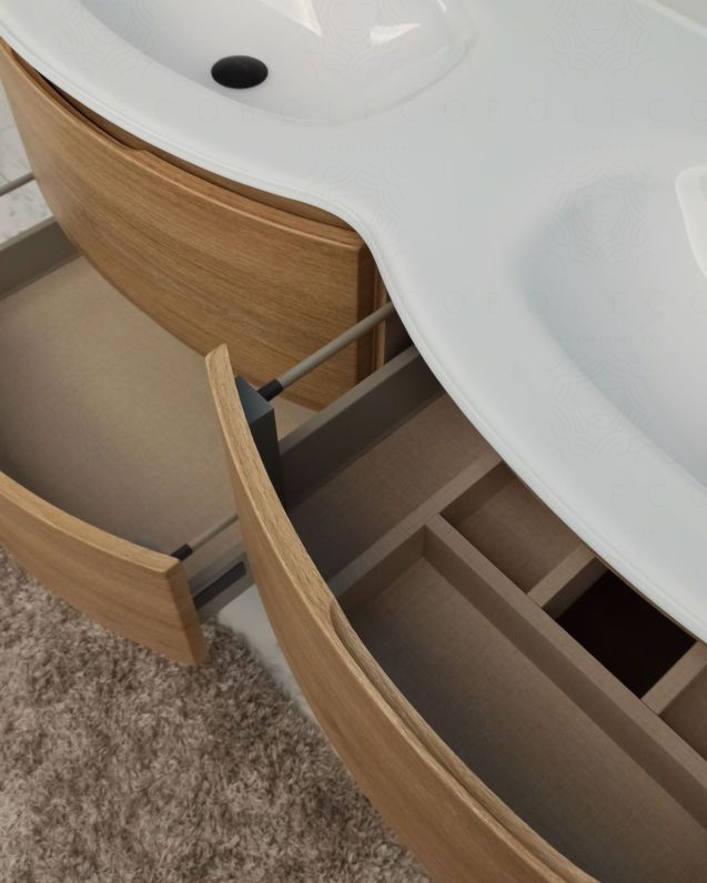 Mobile bagno curvo sospeso Greta cm 140 rovere naturale e Mobile bagno curvo sospeso Greta cm 140 rovere naturale e
