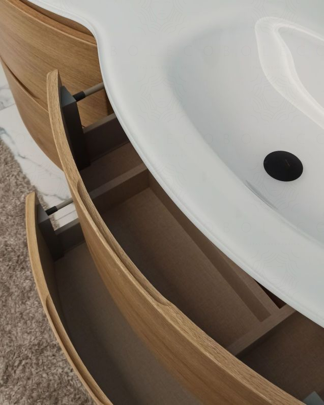 Mobile bagno curvo sospeso Greta cm 140 rovere naturale e Mobile bagno curvo sospeso Greta cm 140 rovere naturale e