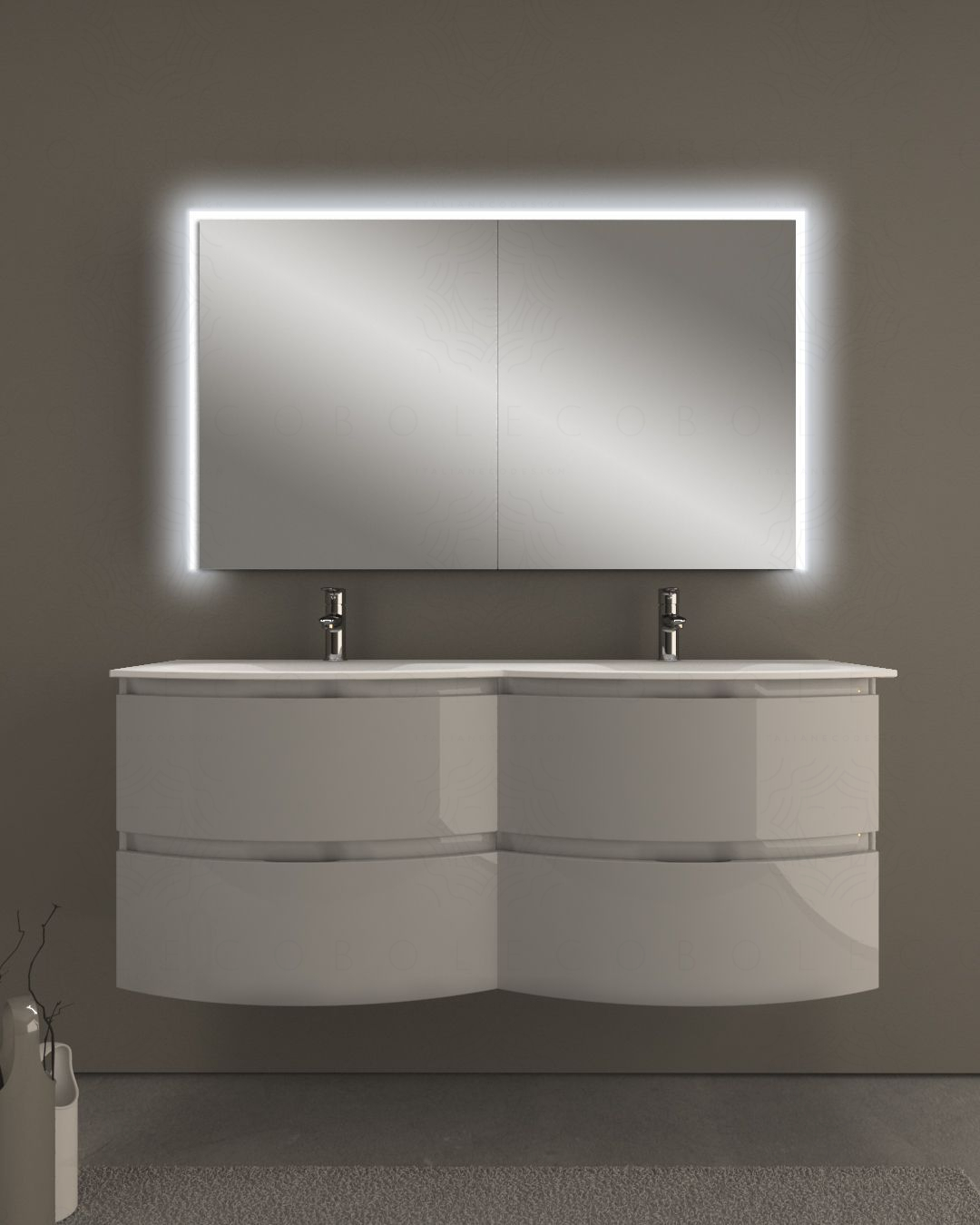 Mobile bagno curvo sospeso Greta cm 140 grigio lucido e doppio Mobile bagno curvo sospeso Greta cm 140 grigio lucido e doppio