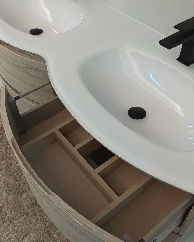 Mobile bagno curvo sospeso Greta cm 140 rovere grigio e doppio Mobile bagno curvo sospeso Greta cm 140 rovere grigio e doppio