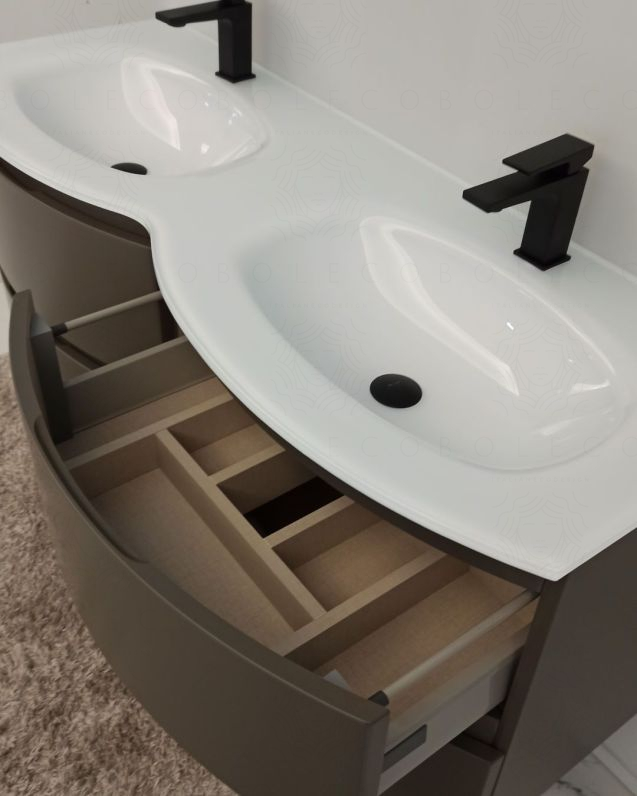 Mobile bagno curvo sospeso Greta cm 140 grigio vulcano e doppio Mobile bagno curvo sospeso Greta cm 140 grigio vulcano e doppio
