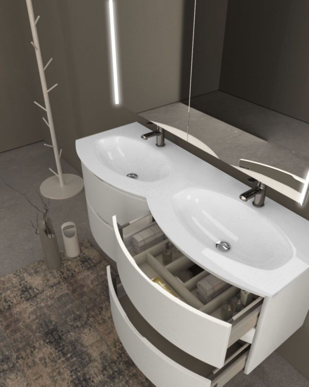 Mobile bagno curvo sospeso Greta cm 140 bianco opaco e doppio Mobile bagno curvo sospeso Greta cm 140 bianco opaco e doppio