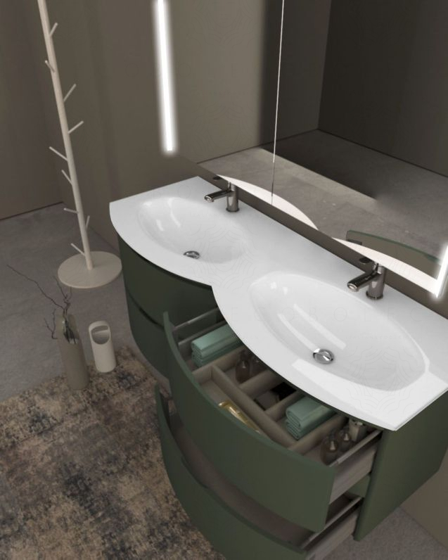 Mobile bagno curvo sospeso Greta cm 140 verde opaco e doppio Mobile bagno curvo sospeso Greta cm 140 verde opaco e doppio
