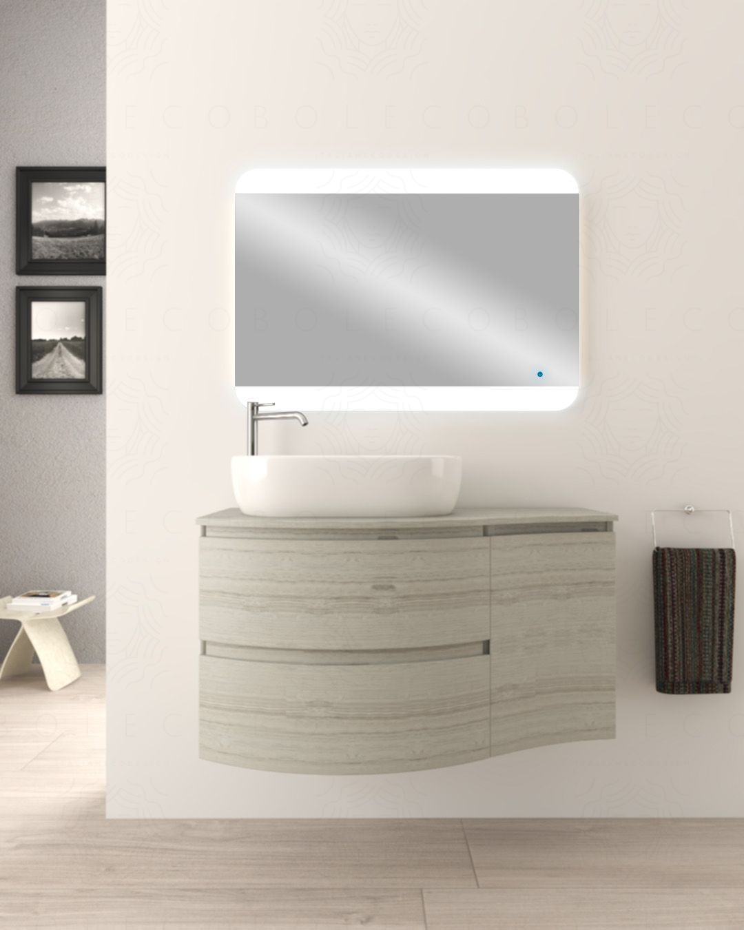 Mobile bagno sospeso Greta curvo 105 cm con top in mdf rovere Mobile bagno sospeso Greta curvo 105 cm con top in mdf rovere
