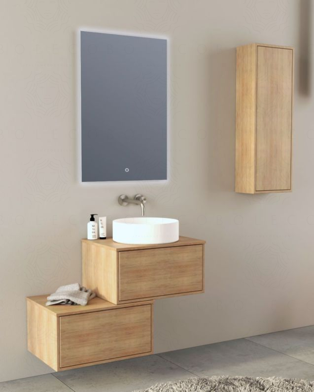 Mobile bagno sospeso Prisma cm 90 rovere naturale con cassettiera e top in mdf Mobile bagno sospeso Prisma cm 90 rovere naturale con cassettiera e top in mdf