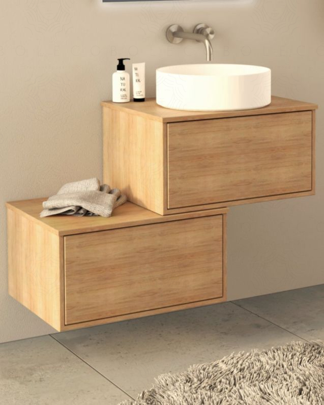 Mobile bagno sospeso Prisma cm 90 rovere naturale con cassettiera e top in mdf Mobile bagno sospeso Prisma cm 90 rovere naturale con cassettiera e top in mdf