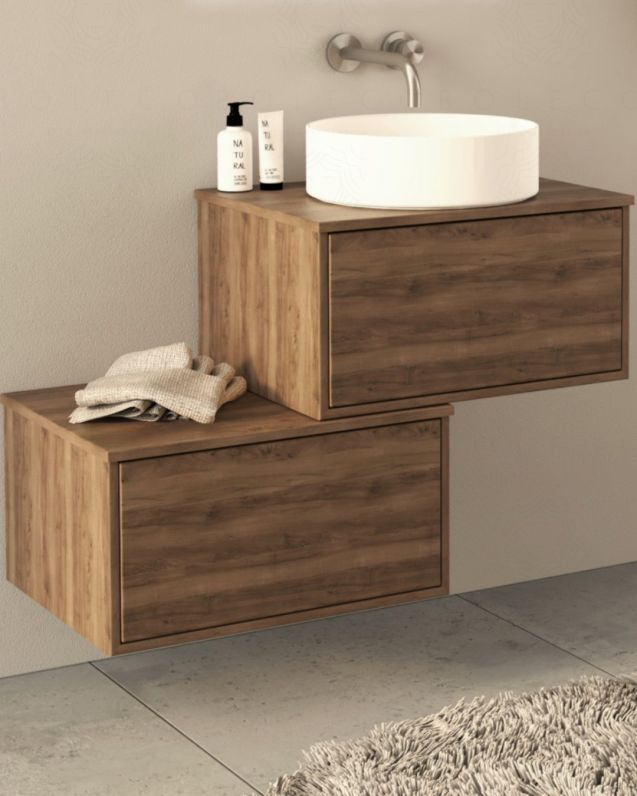 Mobile bagno sospeso Prisma cm 90 noce con cassettiera e top in mdf Mobile bagno sospeso Prisma cm 90 noce con cassettiera e top in mdf