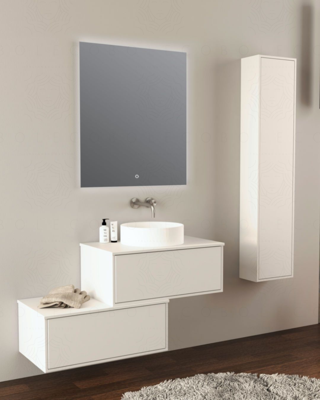 Mobile bagno sospeso Prisma cm 120 bianco opaco con cassettiera e top in mdf Mobile bagno sospeso Prisma cm 120 bianco opaco con cassettiera e top in mdf