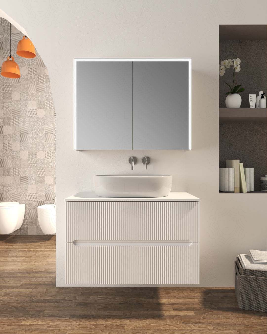 Mobile bagno sospeso Cloud cm 90 plissettato con top in mdf Mobile bagno sospeso Cloud cm 90 plissettato con top in mdf
