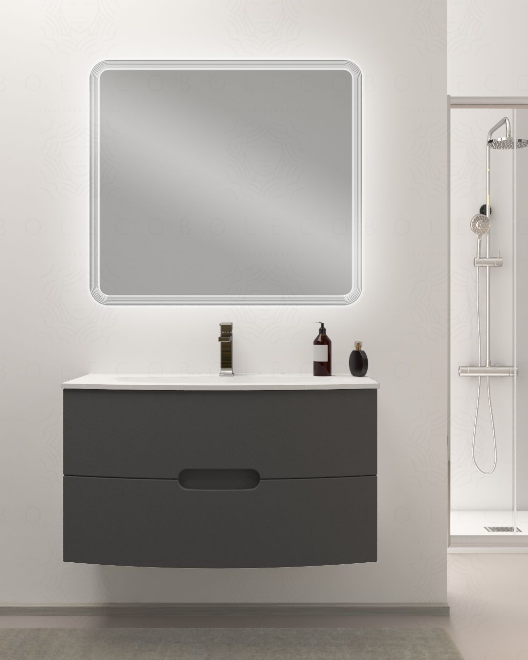 Mobile bagno sospeso Lady, curvo, con lavabo in ceramica, cm.100 Mobile bagno sospeso Lady, curvo, con lavabo in ceramica, cm.100