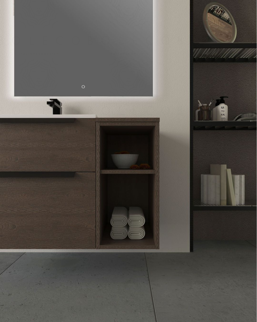 Cassettiera bagno sospesa Malta a giorno cm 30x62 rovere scuro Cassettiera bagno sospesa Malta a giorno cm 30x62 rovere scuro