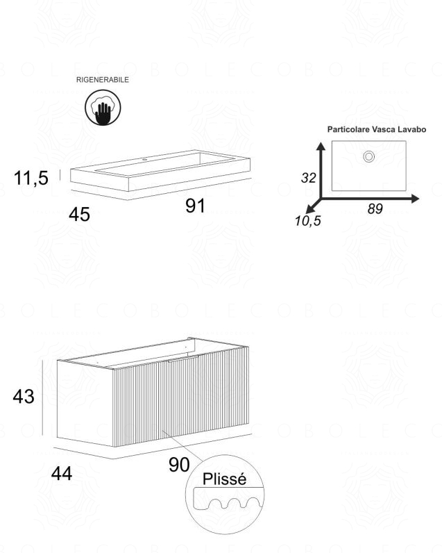 Mobile bagno sospeso Elite cm 90 bianco opaco plissé e lavabo Mobile bagno sospeso Elite cm 90 bianco opaco plissé e lavabo