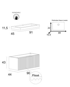 Mobile bagno sospeso Elite cm 90 bianco opaco plissé e lavabo