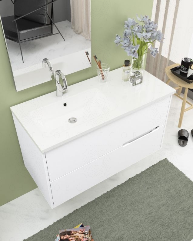 Mobile bagno sospeso Eos bianco opaco, cm.100 completo di Mobile bagno sospeso Eos bianco opaco, cm.100 completo di