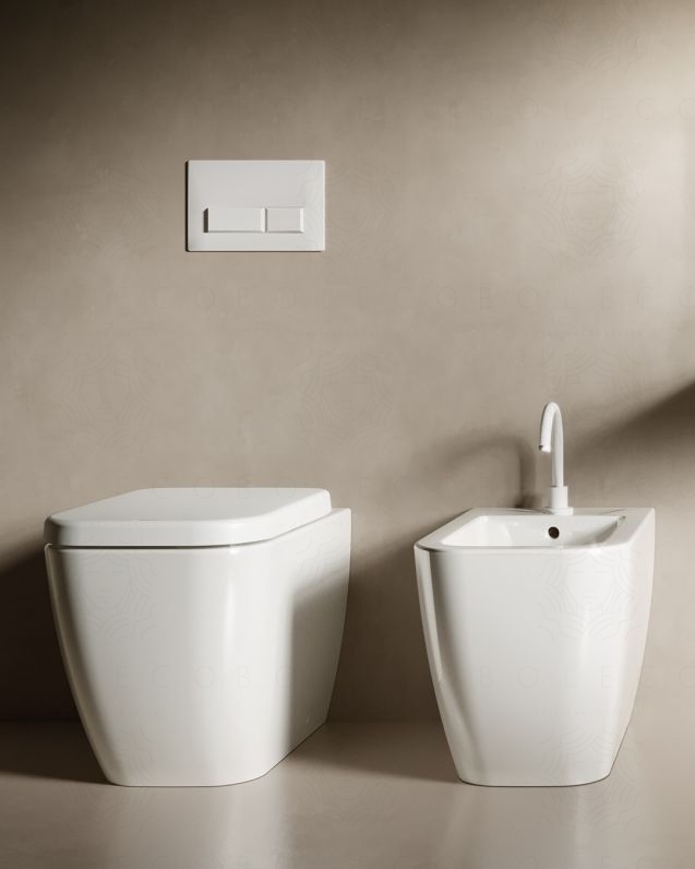 Coppia di sanitari filomuro in ceramica Bianca, copriwater