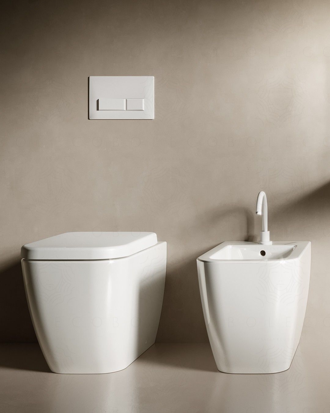 Coppia di sanitari filomuro in ceramica Bianca, copriwater Coppia di sanitari filomuro in ceramica Bianca, copriwater