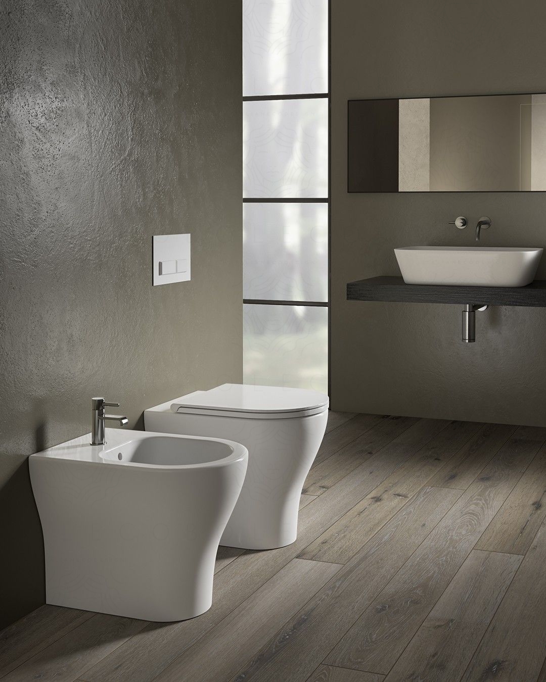 Coppia di sanitari filomuro in ceramica Beat, copriwater Coppia di sanitari filomuro in ceramica Beat, copriwater