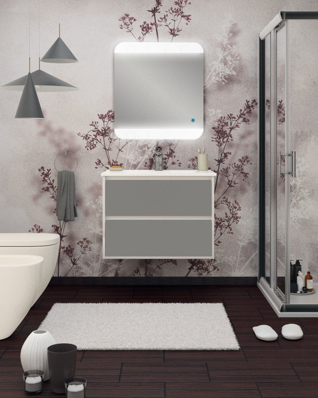 Mobile bagno sospeso Alaska con frontali in vetro, cm.74 e Mobile bagno sospeso Alaska con frontali in vetro, cm.74 e