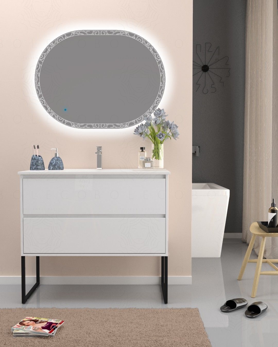 Mobile bagno Alaska con piedi, cm.100 e specchio led Mobile bagno Alaska con piedi, cm.100 e specchio led