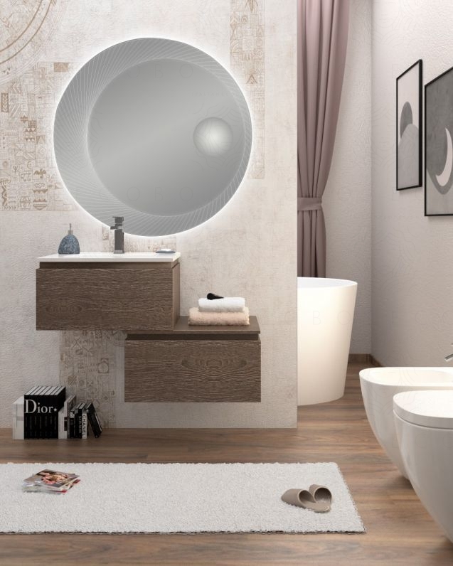 Mobile bagno sospeso Giava con cassettiera, cm.90 e specchio led