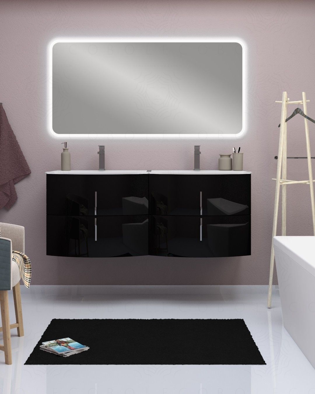Mobile bagno sospeso Jane, curvo, cm.138 con specchio led Mobile bagno sospeso Jane, curvo, cm.138 con specchio led