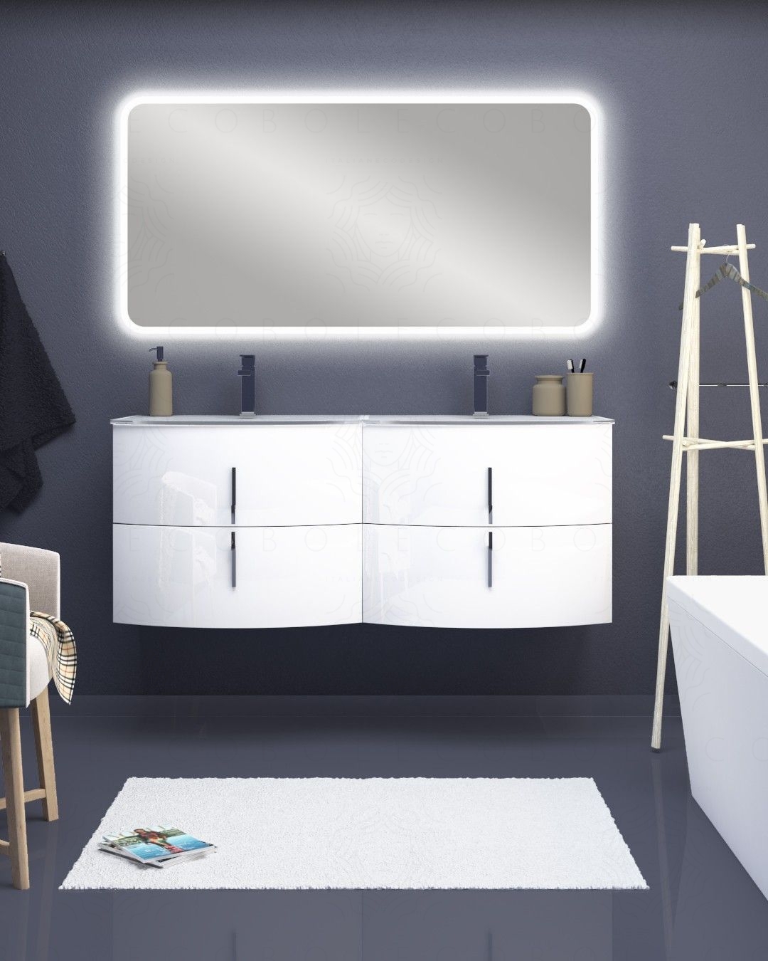 Mobile bagno sospeso Jane, curvo, cm.138 con specchio led Mobile bagno sospeso Jane, curvo, cm.138 con specchio led