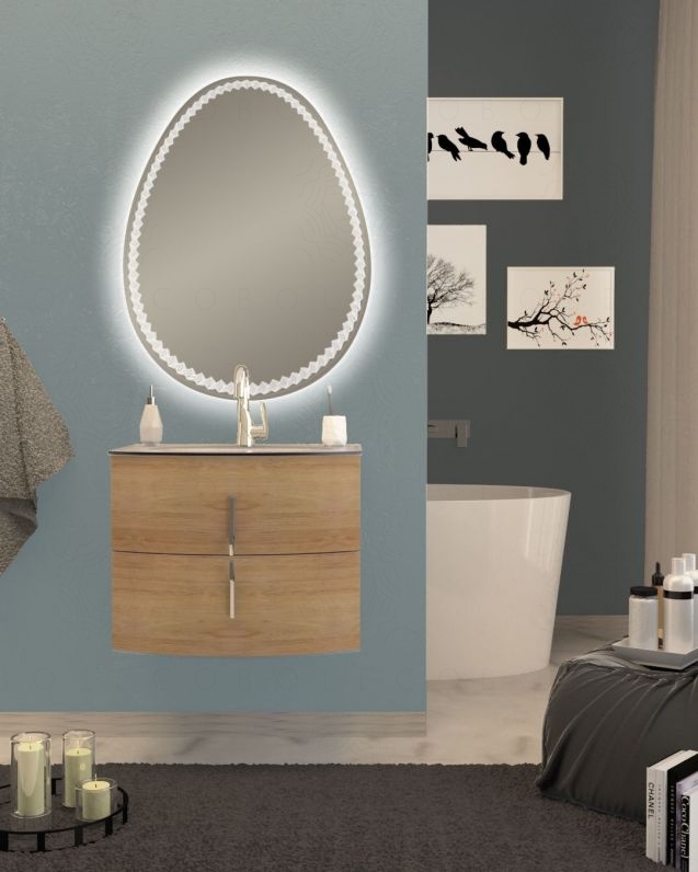 Mobile bagno sospeso Jane, curvo, cm.69 con specchio led