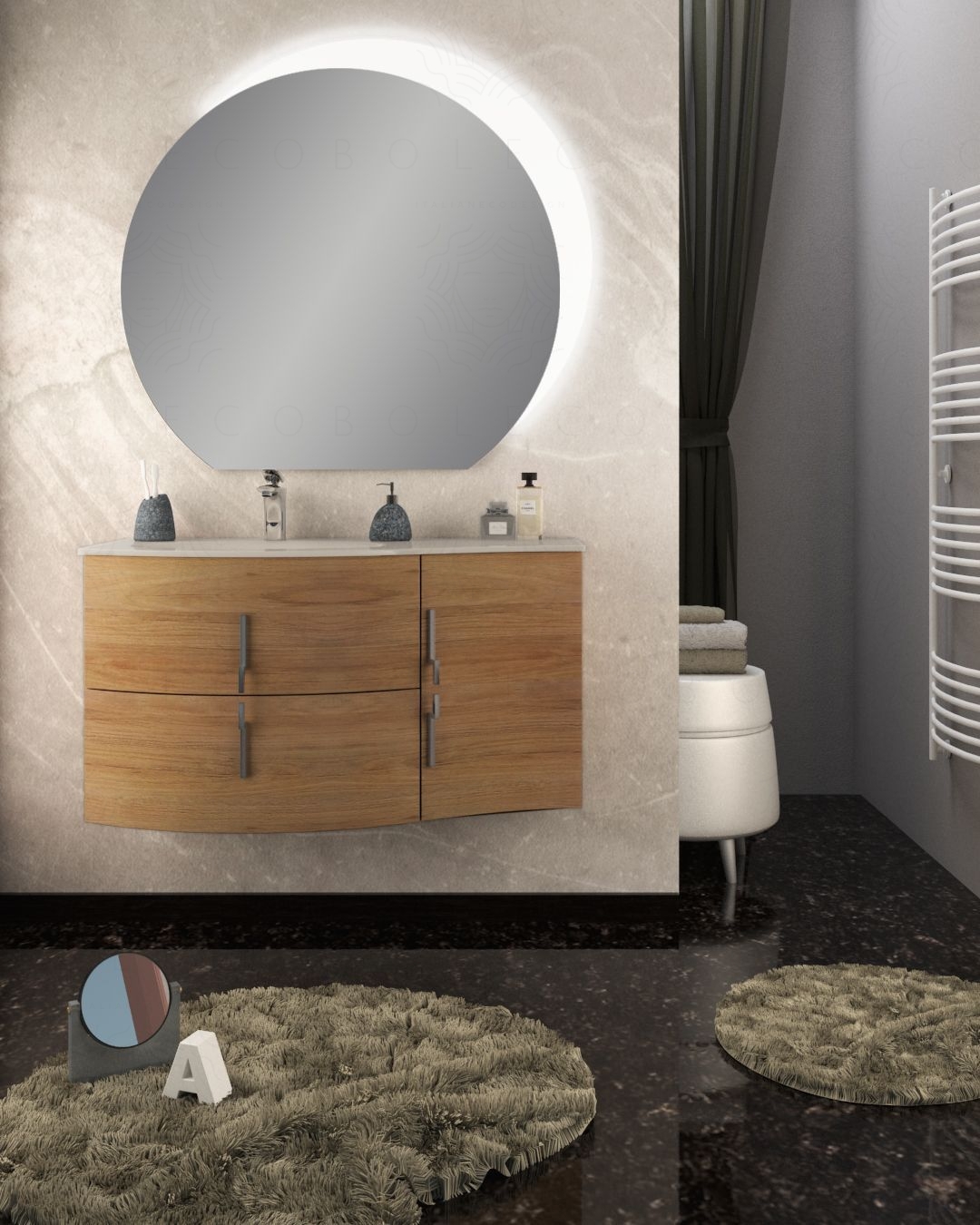 Mobile bagno sospeso Jane, curvo, cm.104 con specchio led Mobile bagno sospeso Jane, curvo, cm.104 con specchio led