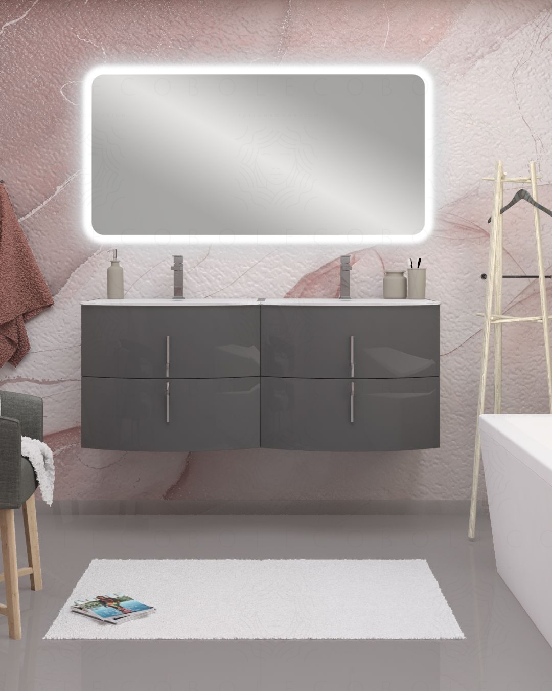 Mobile bagno sospeso Jane, curvo, cm.138 con specchio led Mobile bagno sospeso Jane, curvo, cm.138 con specchio led