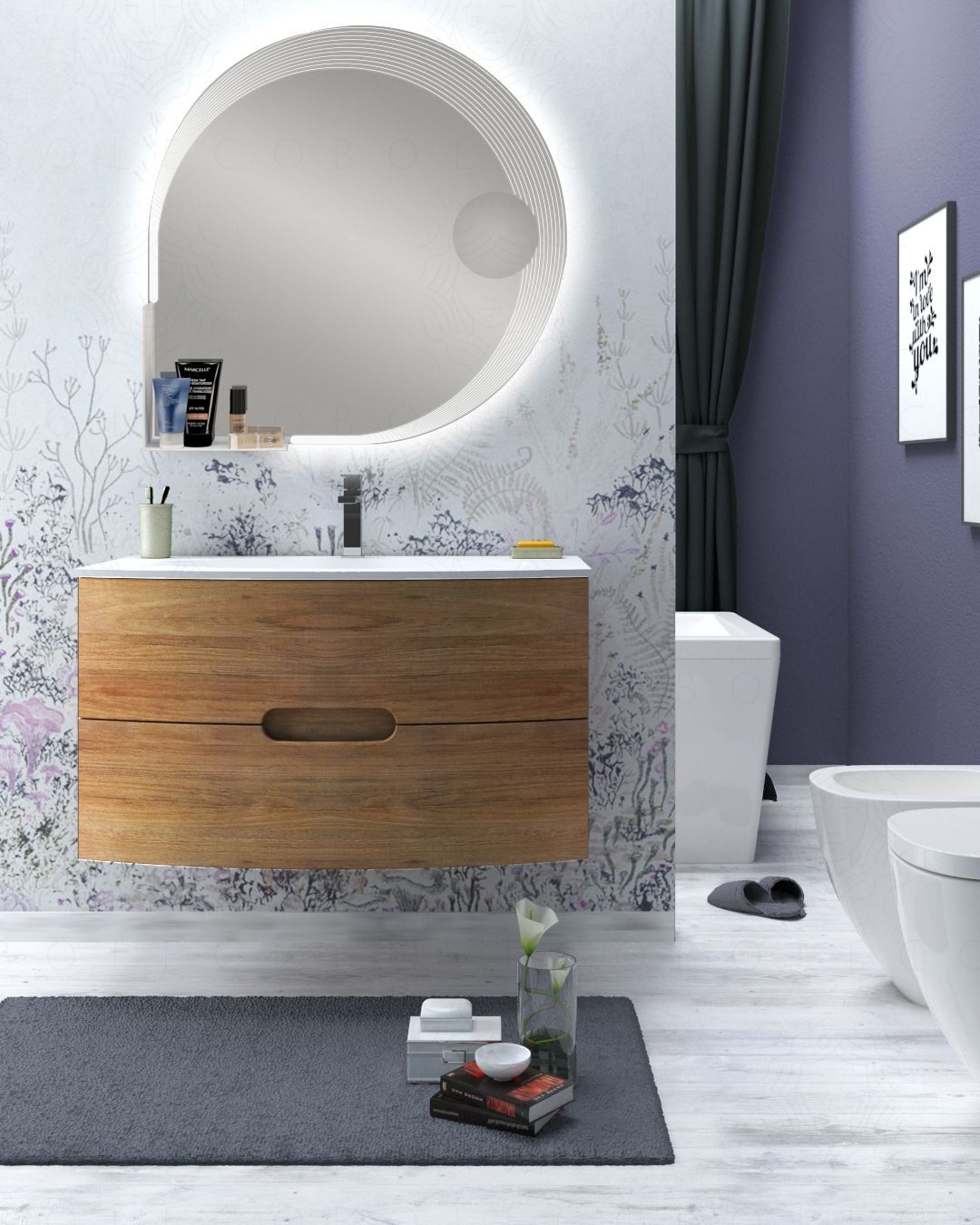 Mobile bagno sospeso Lady, curvo, cm.100 con specchio led Mobile bagno sospeso Lady, curvo, cm.100 con specchio led