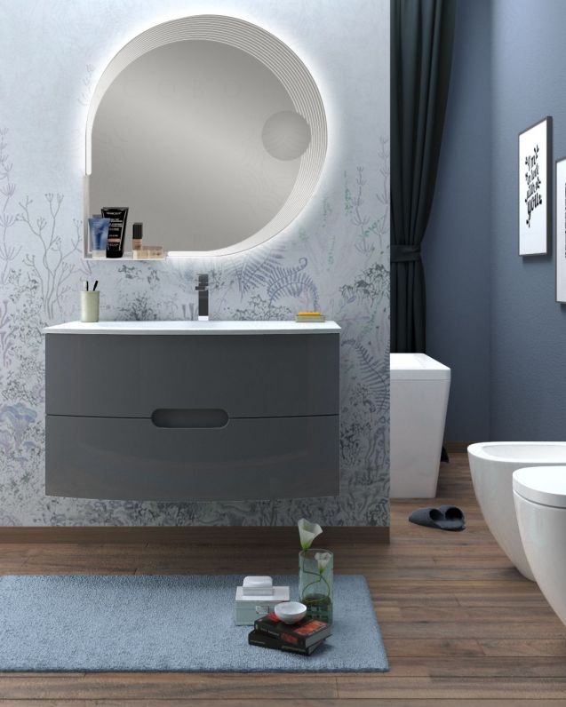 Mobile bagno sospeso Lady, curvo, cm.100 con specchio led Mobile bagno sospeso Lady, curvo, cm.100 con specchio led
